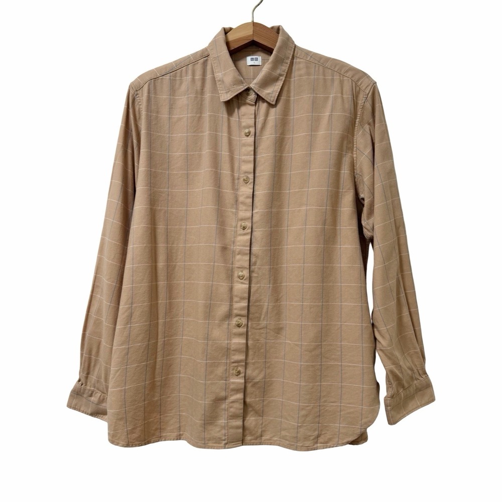 Uniqlo Womens Plaid Button Down Long Sleeve Shirt Size L Beige Everyday Capsule